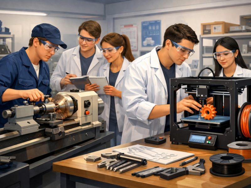 Young engineers working in the laboratory and using a computer, 3D printer on foreground, science and technology concept